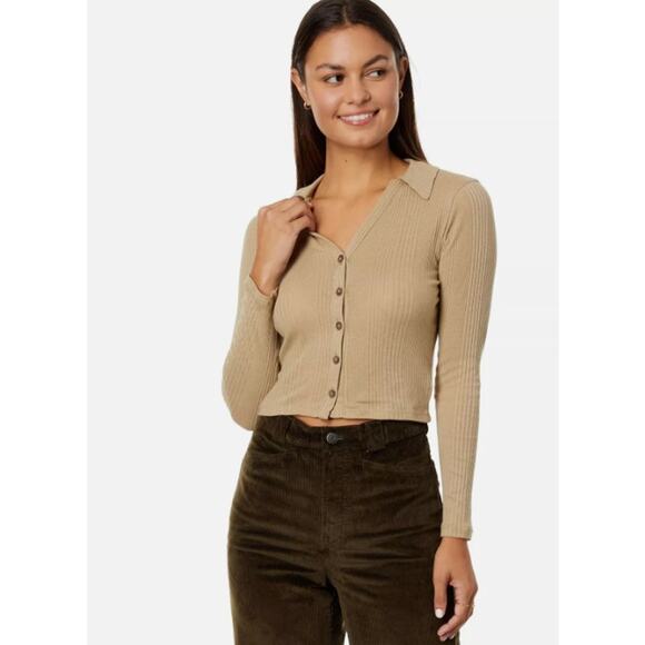 Madewell‎ Drill Khaki Ribbed Button-Up Long Sleeve Collared Top Shirt - Large - Picture 1 of 5
